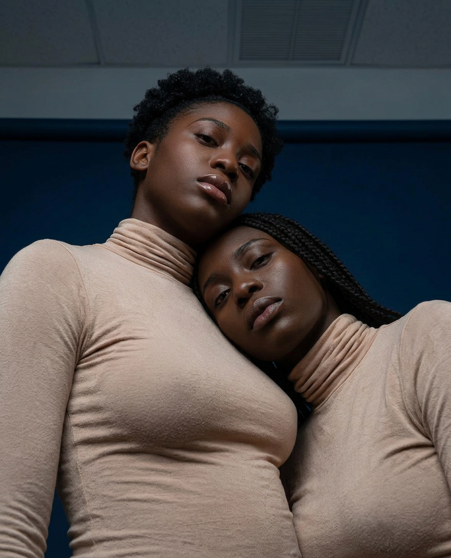 Two women in beige turtlenecks leaning together against a deep blue background