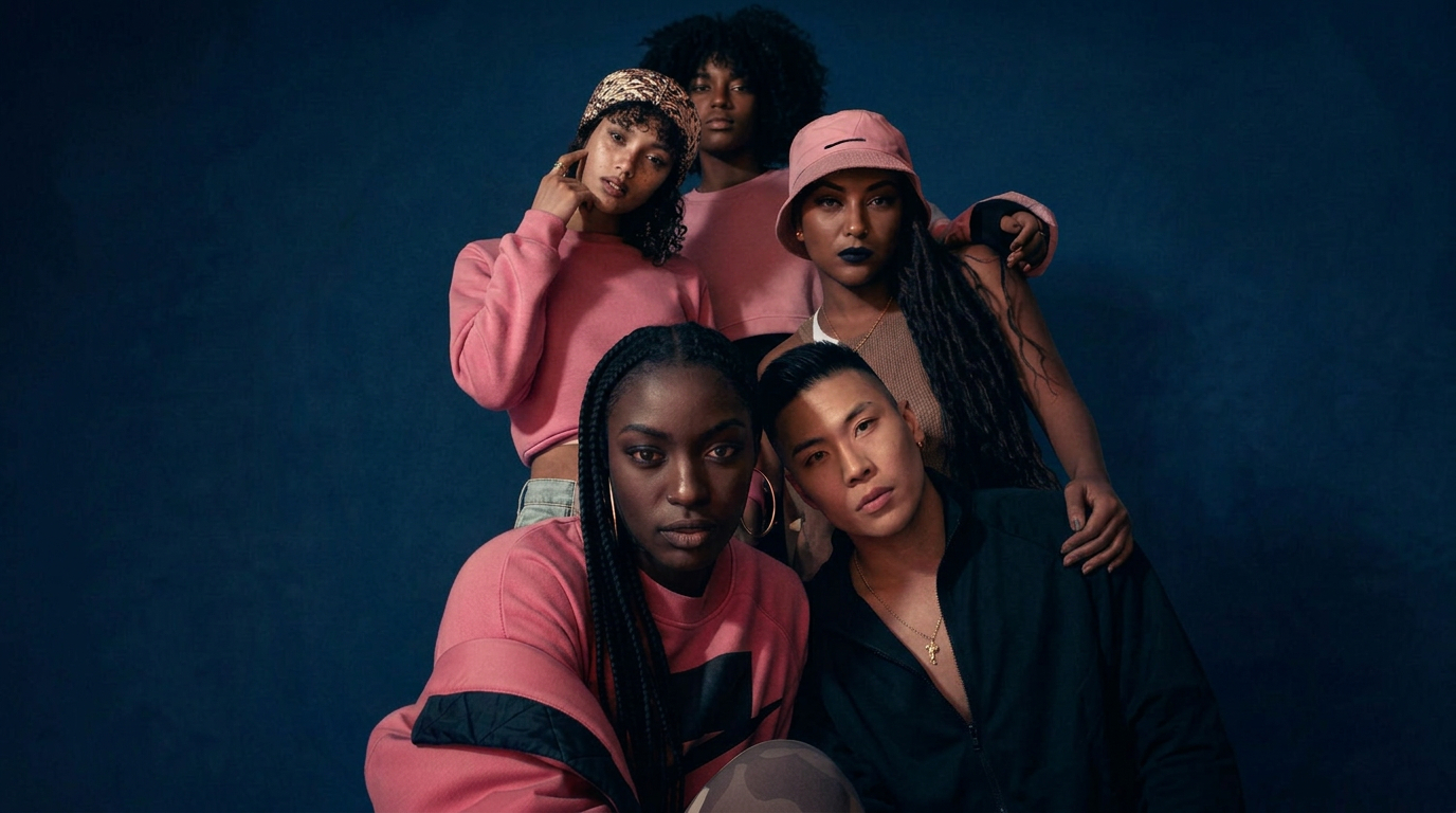Five people gathered in a group portrait against a deep blue background