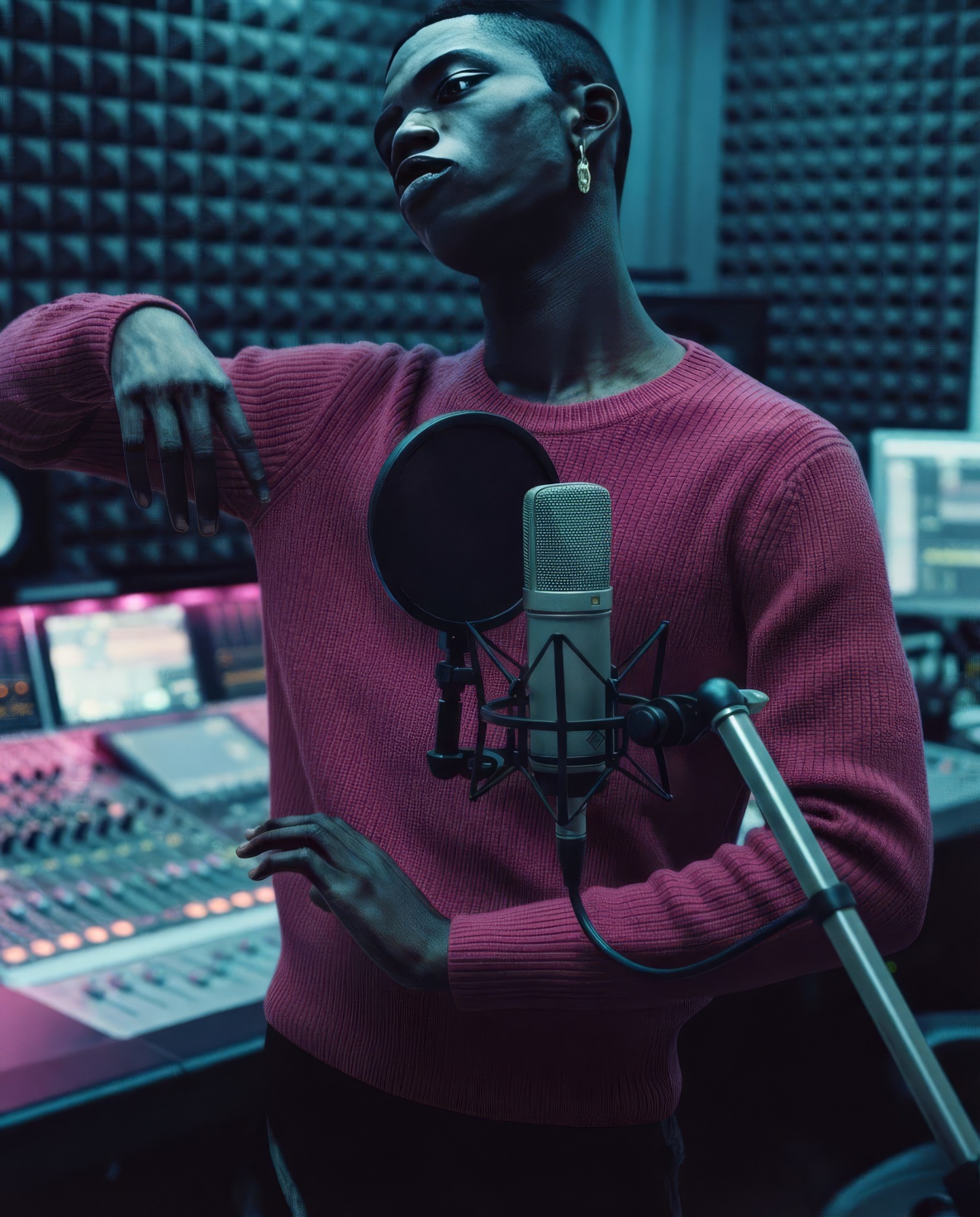 A person in a magenta sweater at a recording studio microphone