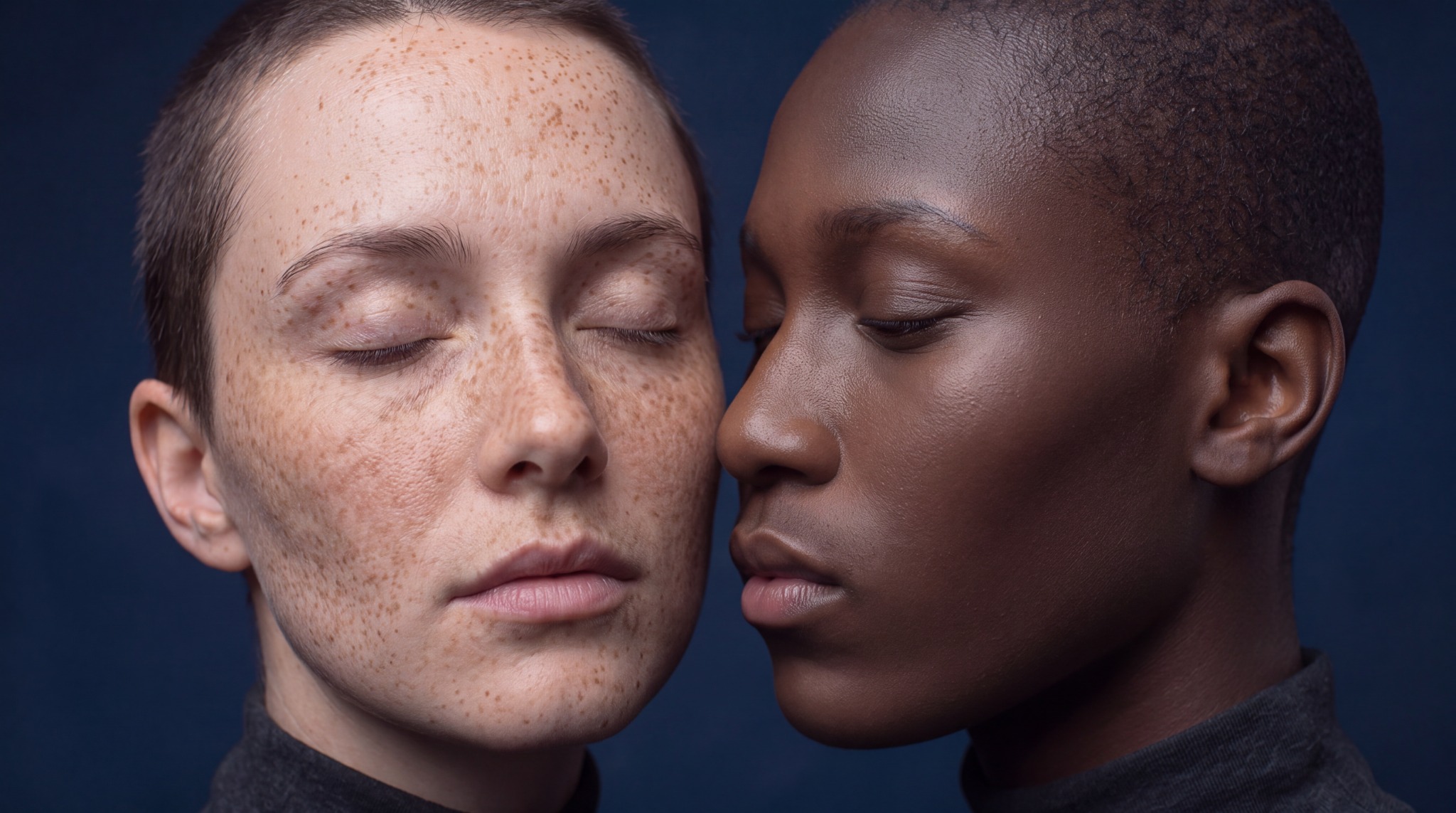 Close-up portrait of two people with their eyes closed against a deep blue background