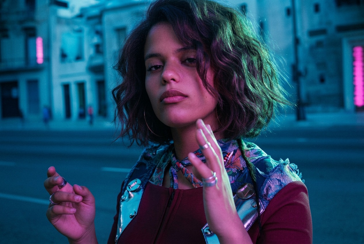 A woman in a patterned jacket illuminated by blue and magenta city light