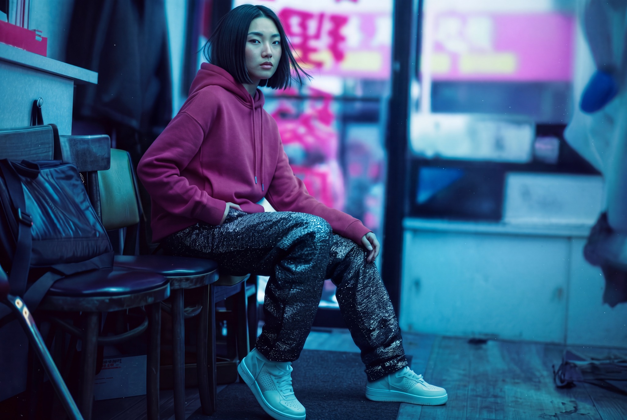 A woman in a magenta hoodie seated in a blue-lit interior